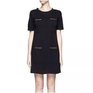 J. Crew Wool Gold Zipper Accent Short Sleeve Shift Mini Dress Stretchy 4 Black